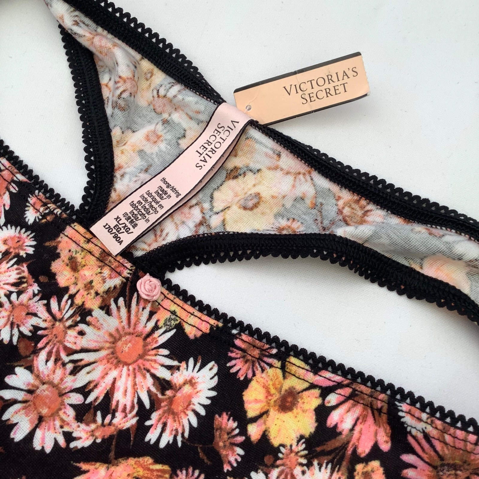 Victoria’s Secret Black Orange Floral Print High Leg Thong Panties – XL – BNWT