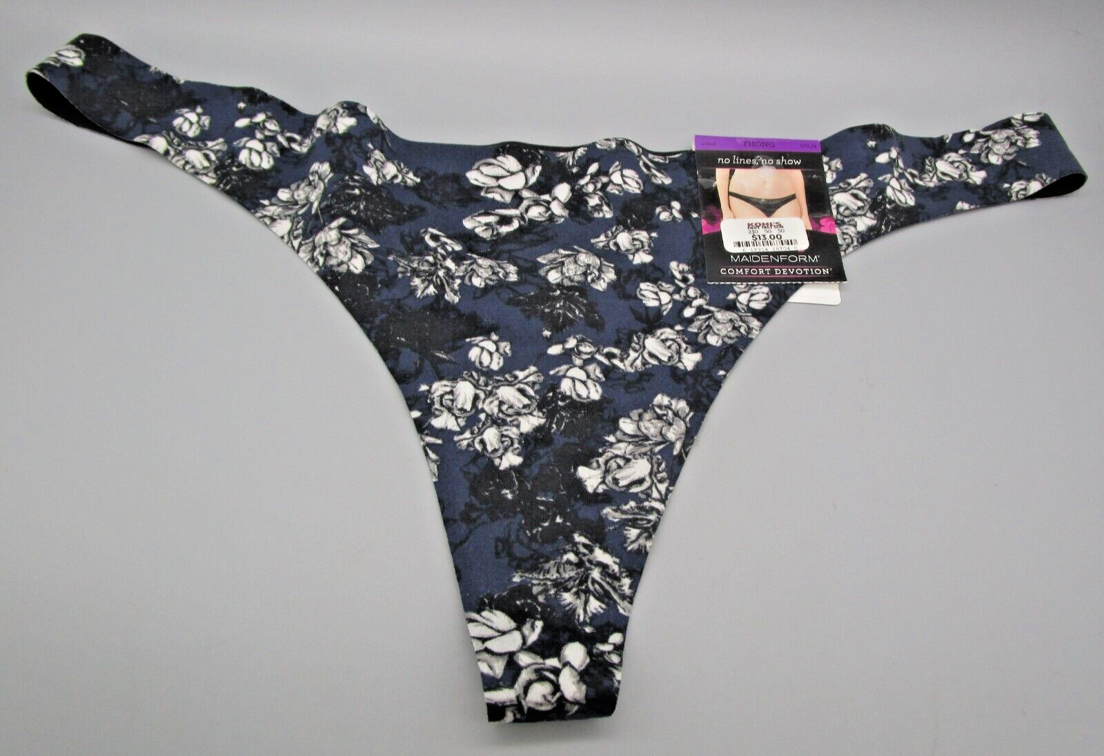 MAIDENFORM~2XL 9~40149~Black & Navy Blossoms Comfort Devotion Thong