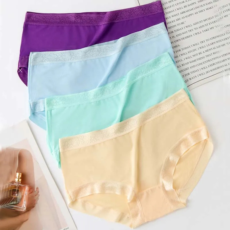 Cotton Lace Panties Low Rise Solid Breathable Soft Women’s Underwear 5 Pcs