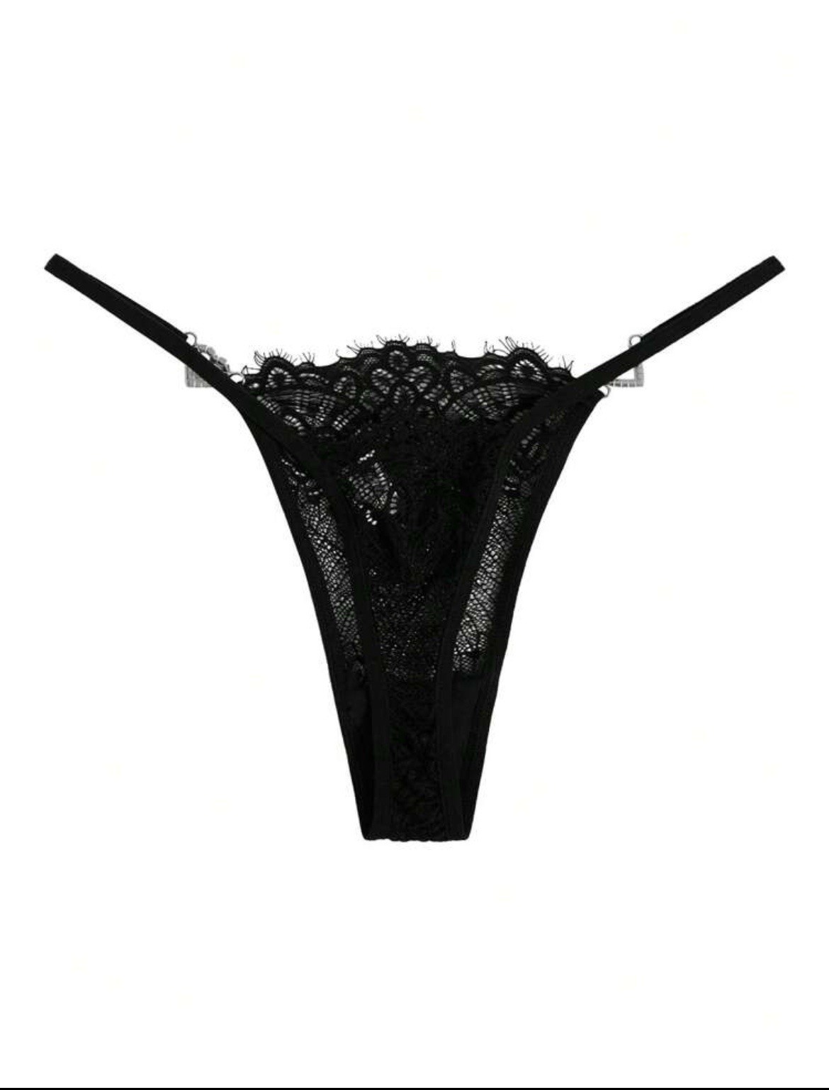 ROMWE Gothic Black Lace Thong Panty Rhinestone Hearts y2k Cute Kawaii Size Small