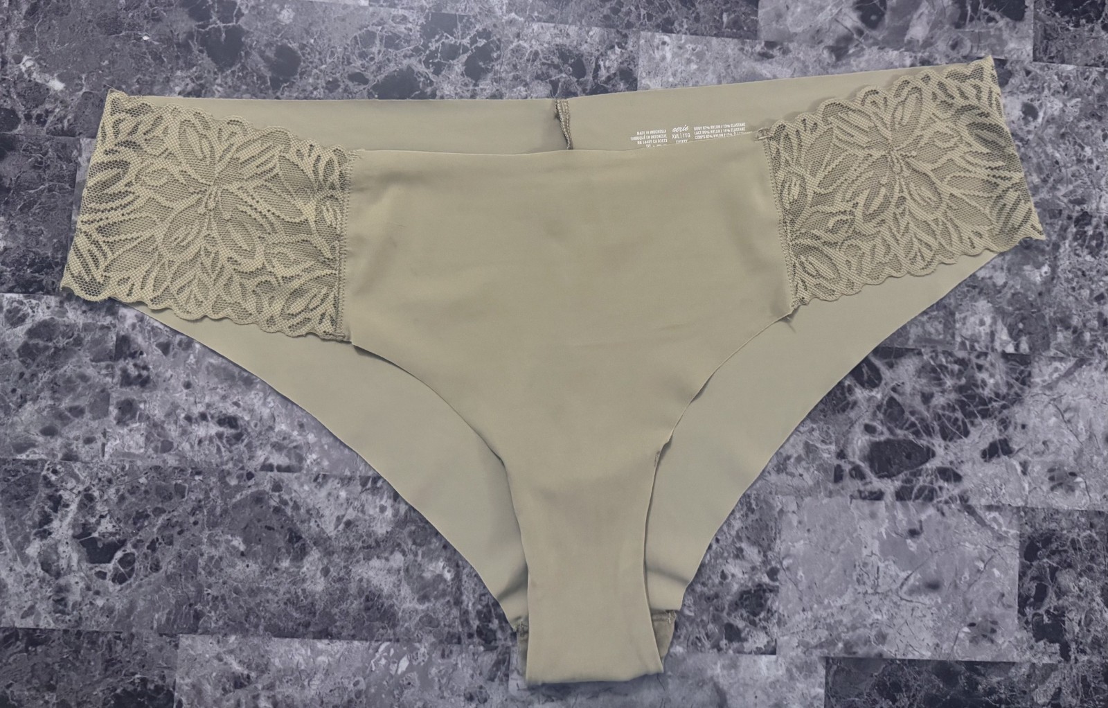 NWT AERIE AMERICAN EAGLE XXL KHAKI GREEN LACE RAW EDGE NO SHOW CHEEKY PANTIES