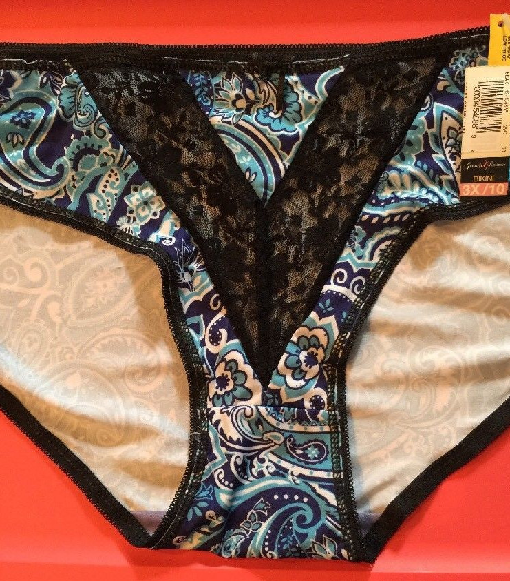 Womens Blue Bikini Panties Size 3X/10 White Scrolls Sexy V Black Lace Inset NEW