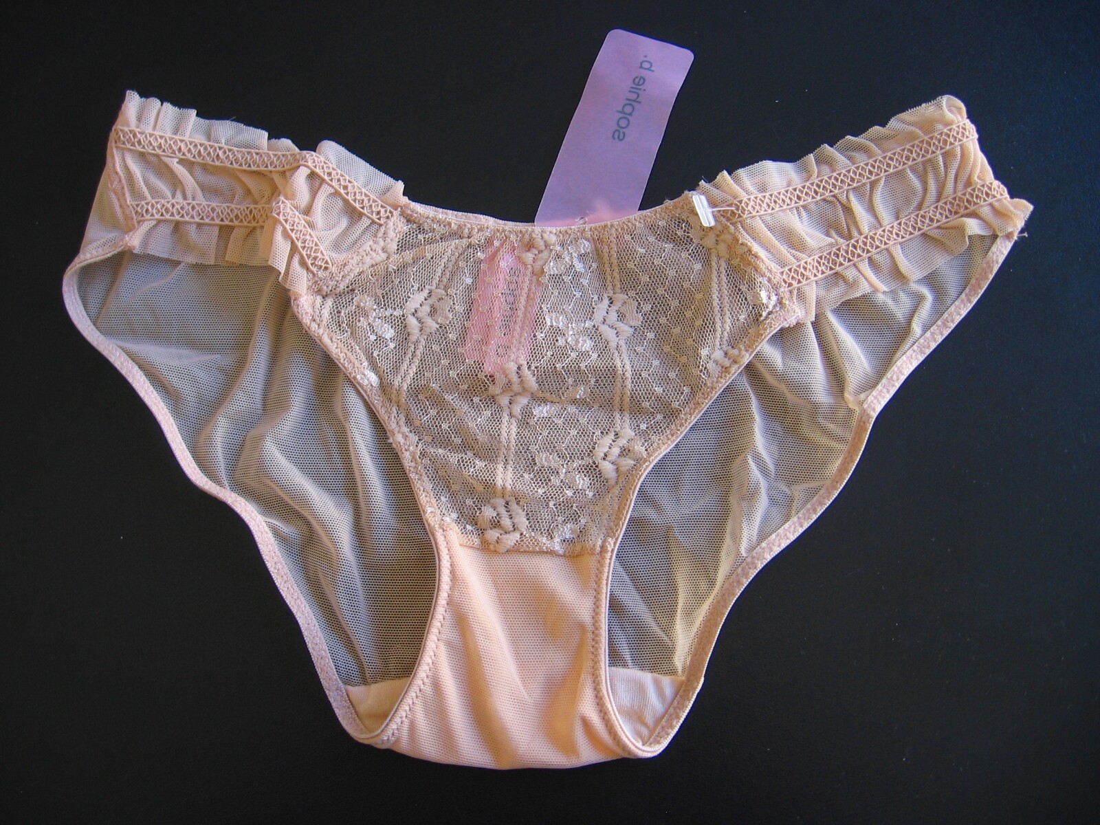 A0172 Sophia B. NEW Ruffled Embroidery Stretch Lace Front Mesh Bikini Black Nude
