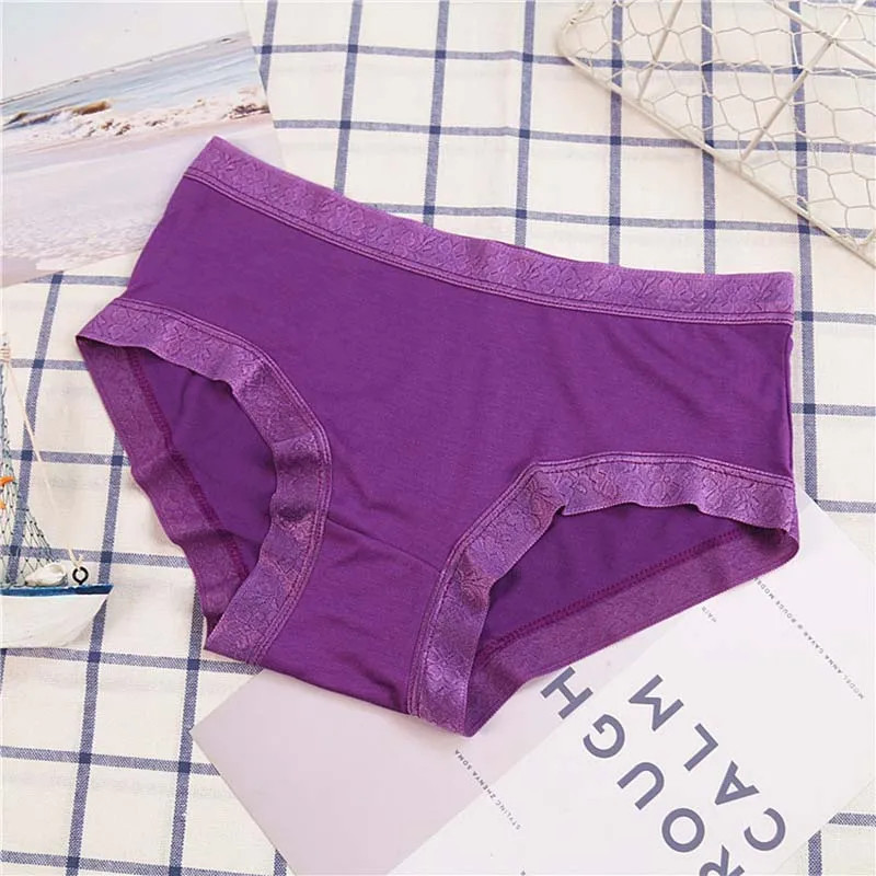 Cotton Lace Panties Low Rise Solid Breathable Soft Women’s Underwear 5 Pcs