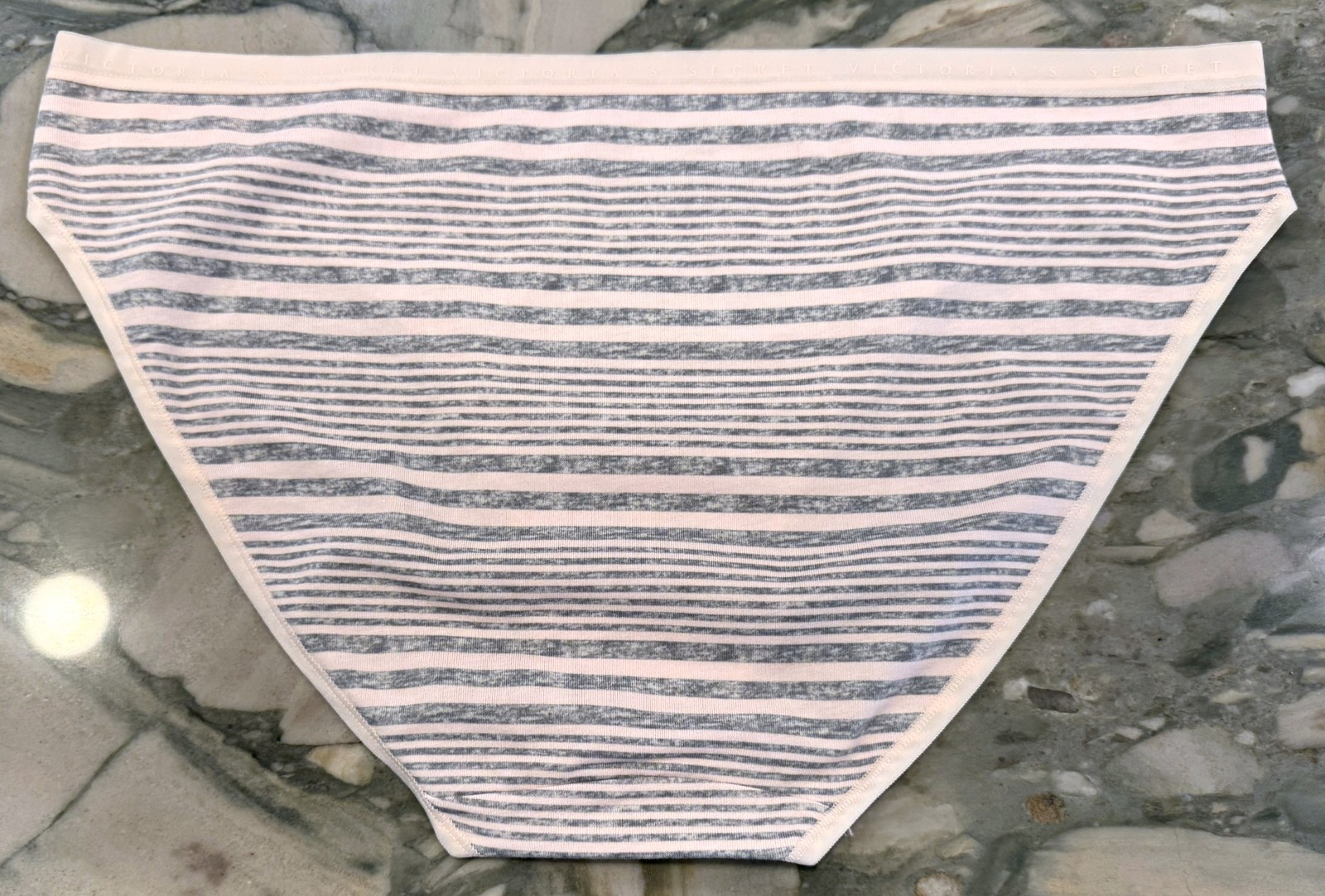 NEW Victoria Secret Cotton Bikini – Pale Pink & Heather Grey Stripes – XL or XXL