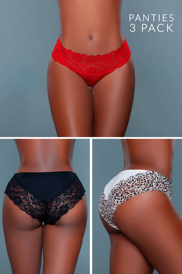 New Womens Small 3 Pack Mid Rise Bikini Panties Lace Trim Black Red Leopard 2210
