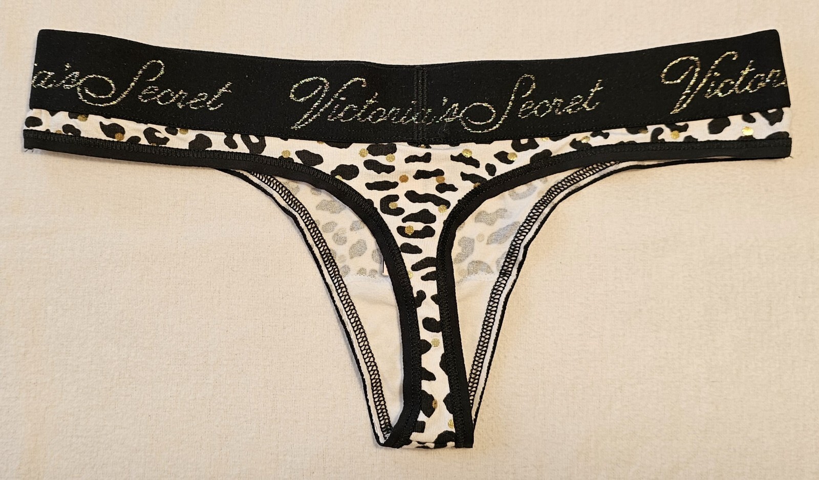 Size XS Thong Victoria’s Secret Glitter Logo Thick Band Black Gold Animal Print