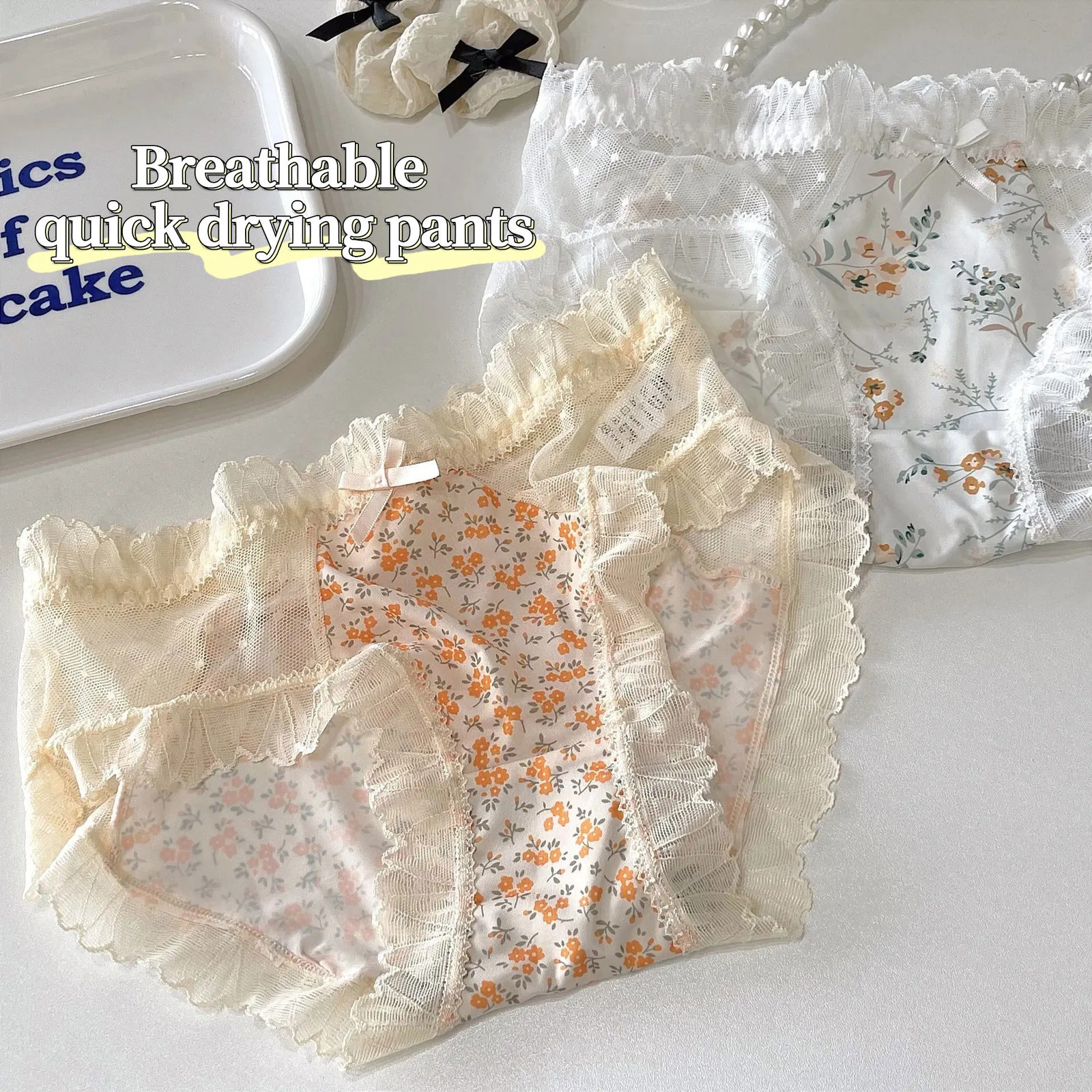 1pair Lace Panties Women Plus Size Ice Silk Briefs Quick Drying Soft Lingerie
