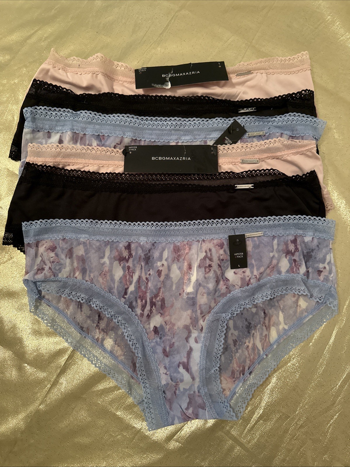 NWT BCBGMAXAZRIA 6 Pair Nylon Stretch Hipster Panties Colors Shown Size Large