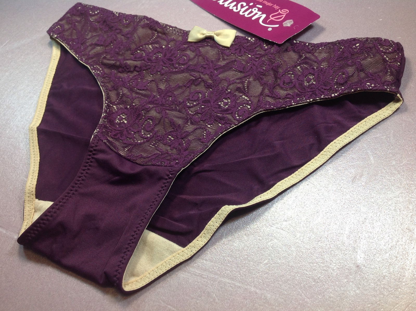 Women Panties,Bikinis ILUSION Sz. L Purple Double Front Protect Floral W/fishnet