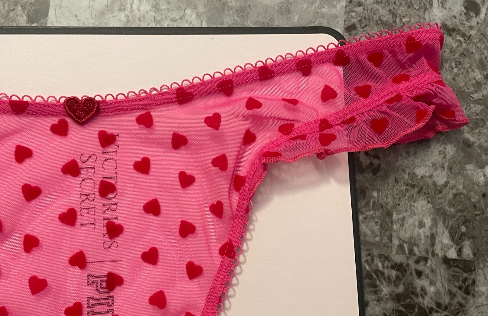 NWT VICTORIA’S SECRET TEASE MESH VELVET HEART RUFFLE RED LACE UP THONG PANTIES