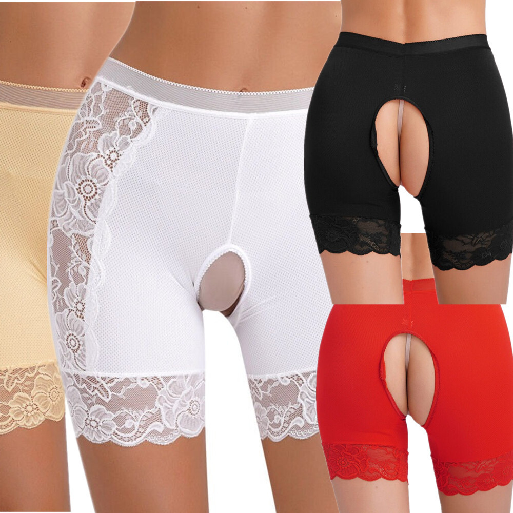 US Womens Crotchless Shorts Lace Trimming Underwear See Through High Waist Pants