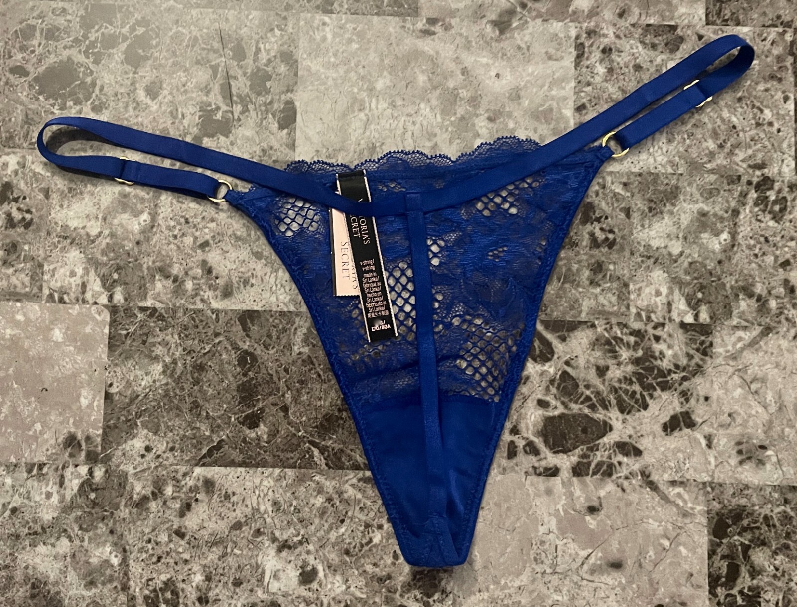 NWT VICTORIA’S SECRET BLUE FISHNET LACE GOLD ADJUSTABLE STRAP V STRING PANTIES