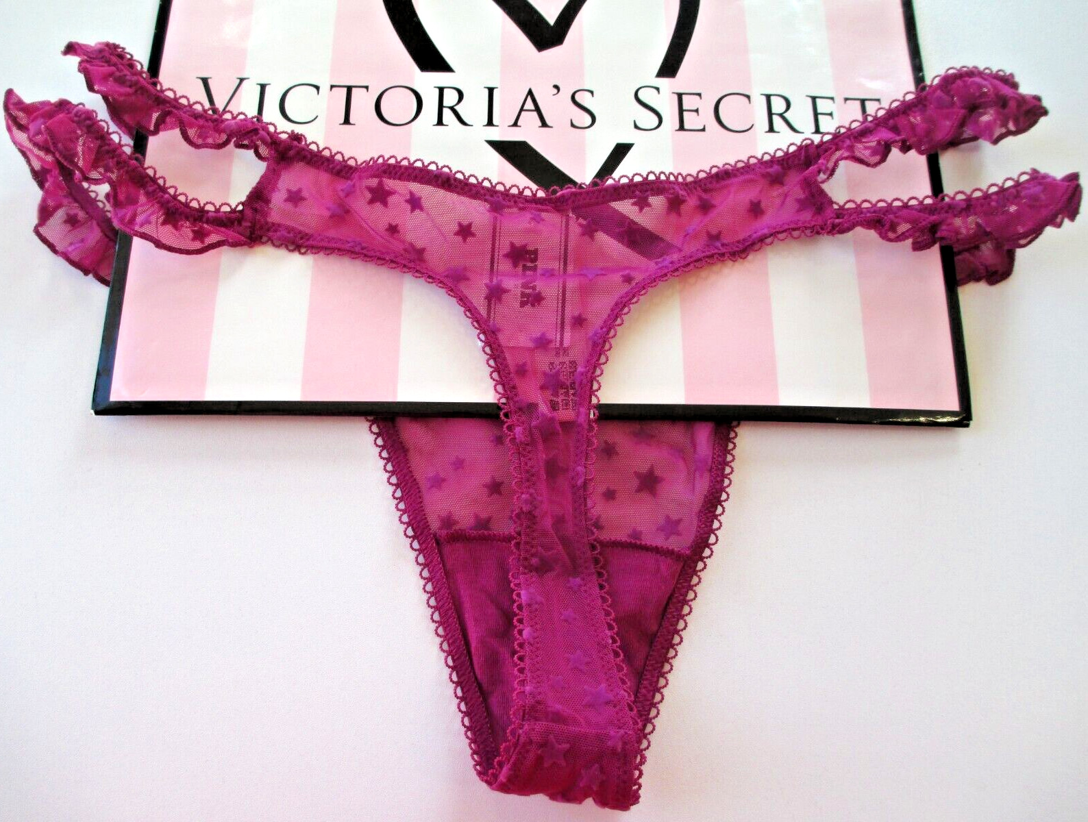 VICTORIA’S SECRET PINK Wink Strappy Mesh Thong Panty VS Velvet Stars S M XL Pink