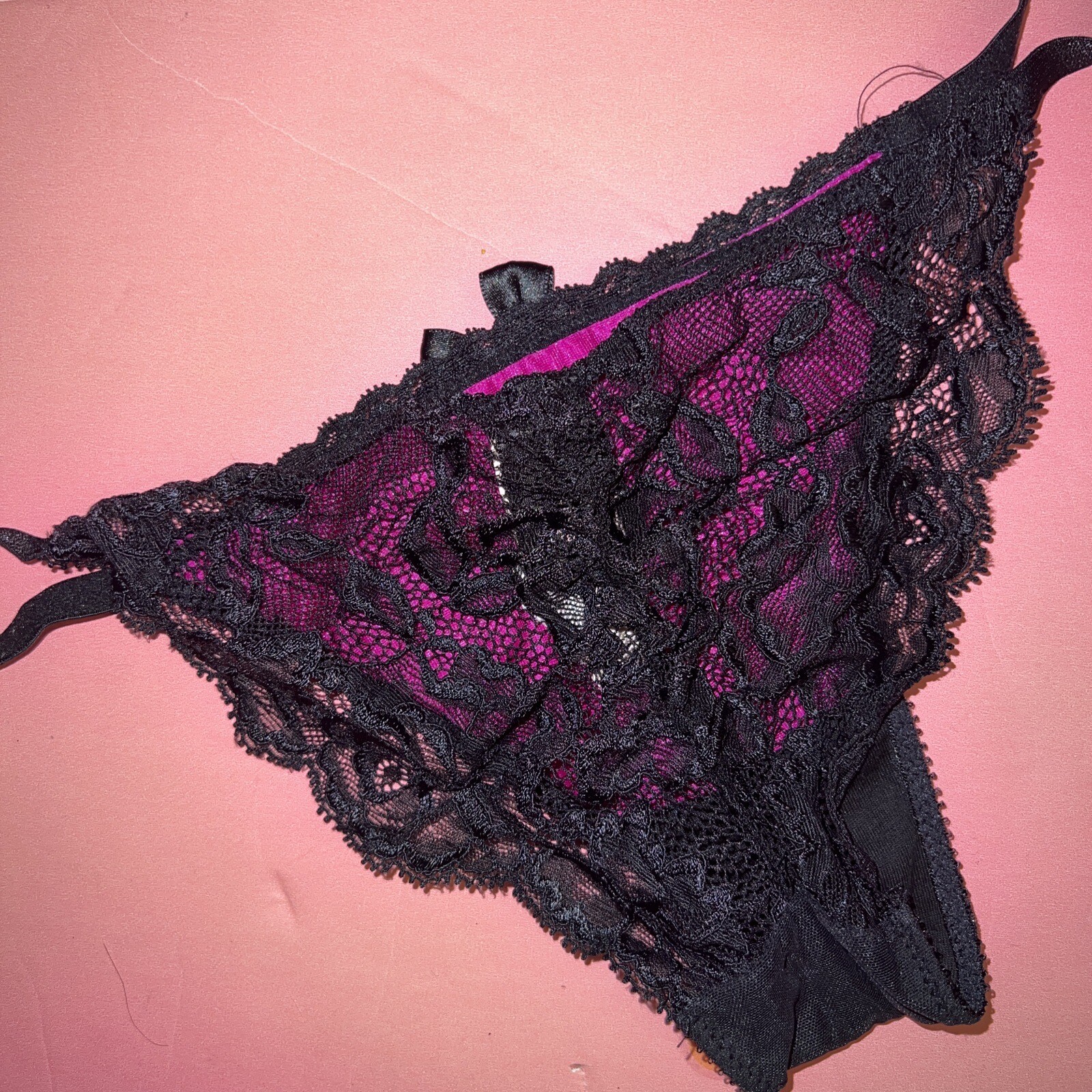 Victoria’s Secret S Panty Satin Magenta Pink Black lace Gold VERY SEXY SEDUCTION