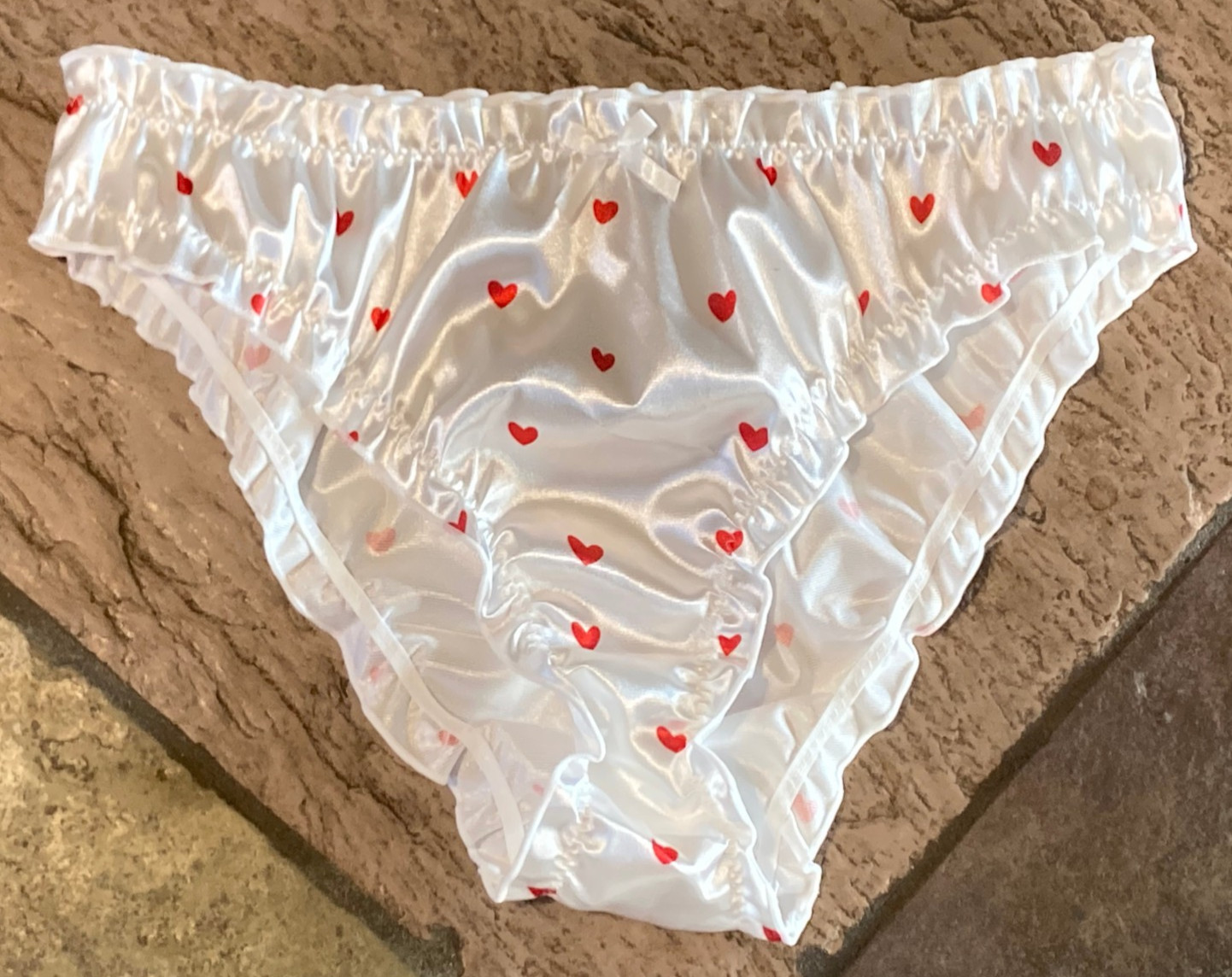 RED Hearts on White 8/XL Silky Second Skin SATIN Ruffled Hi Leg Cheeky Panties