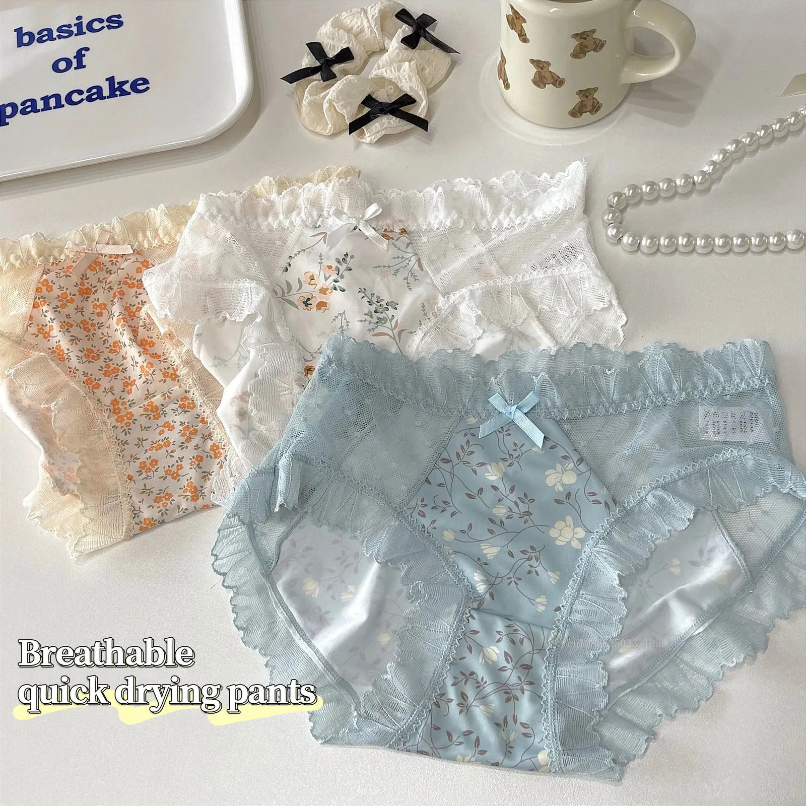 1pair Lace Panties Women Plus Size Ice Silk Briefs Quick Drying Soft Lingerie