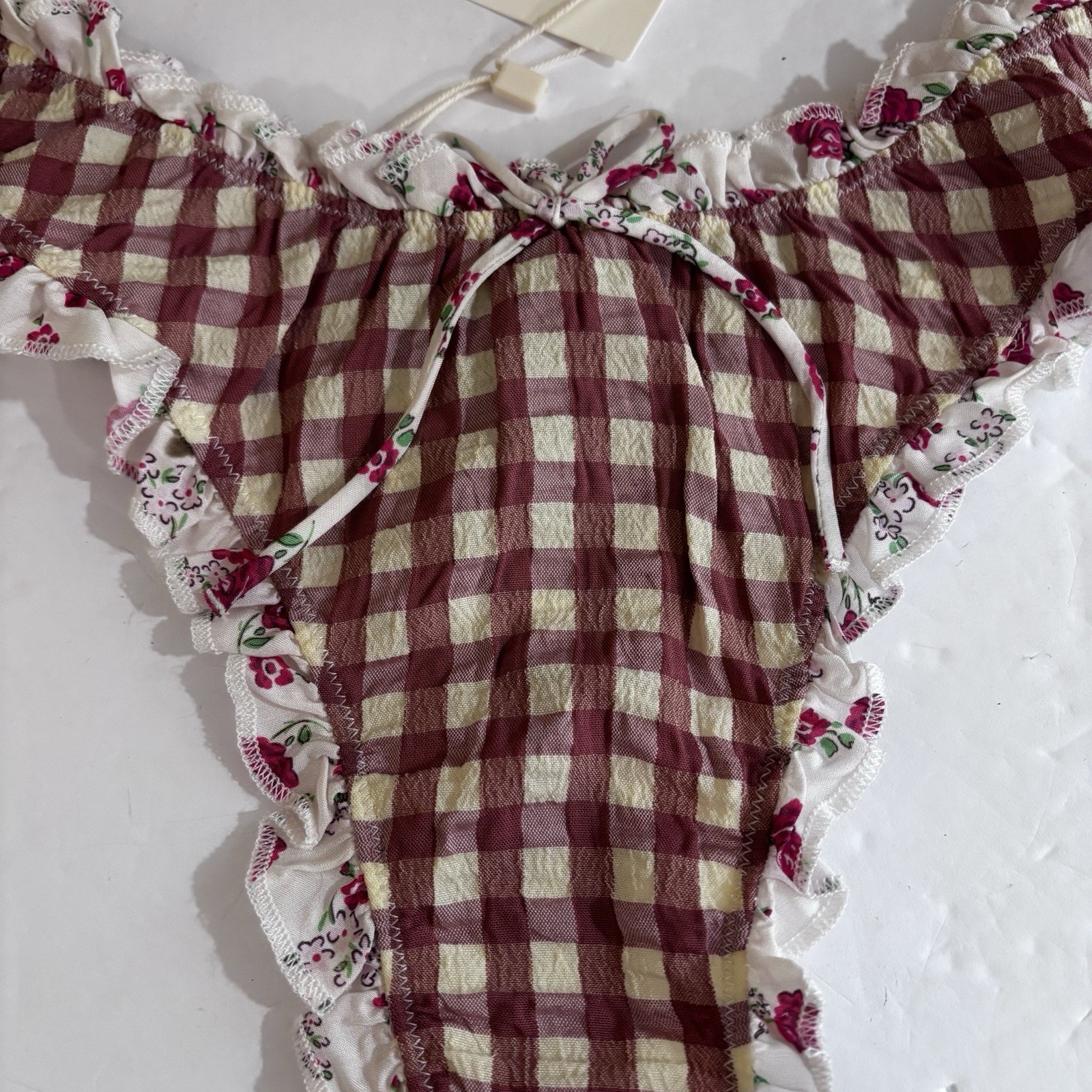 For Love & Lemons Georgia Ruffled Red Gingham Thong NWT Size Medium Floral Bow