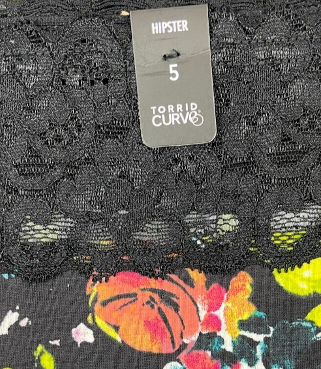 Torrid +5 Black Floral Wide Lace Scallop Waistband/Trim Cotton Hipster Panties