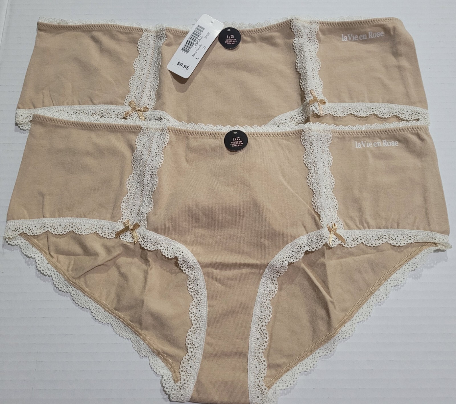 NWT – La Senza Brand – Beige Panties X 2 – White Lace – 95% Cotton – Size Large