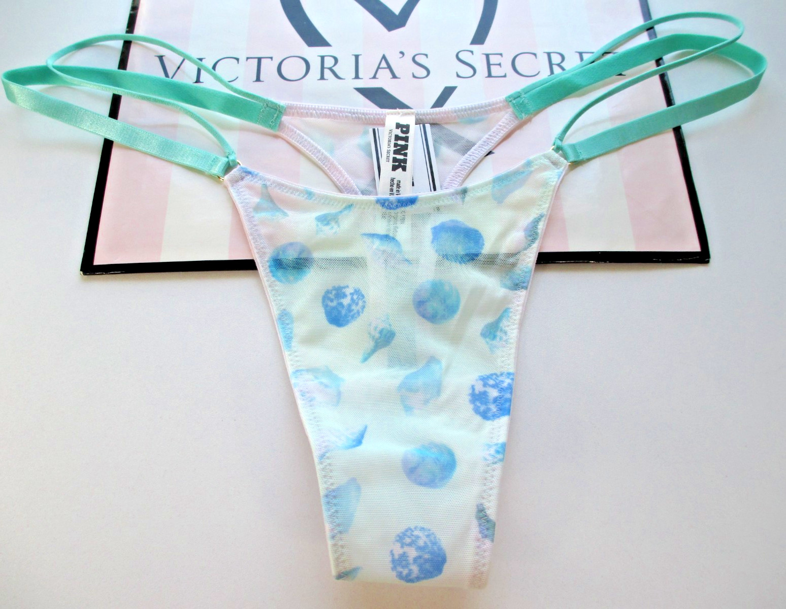 VICTORIA’S SECRET PINK Micro Thong Panty S M L XL Blue NWT Strappy VS Seashells