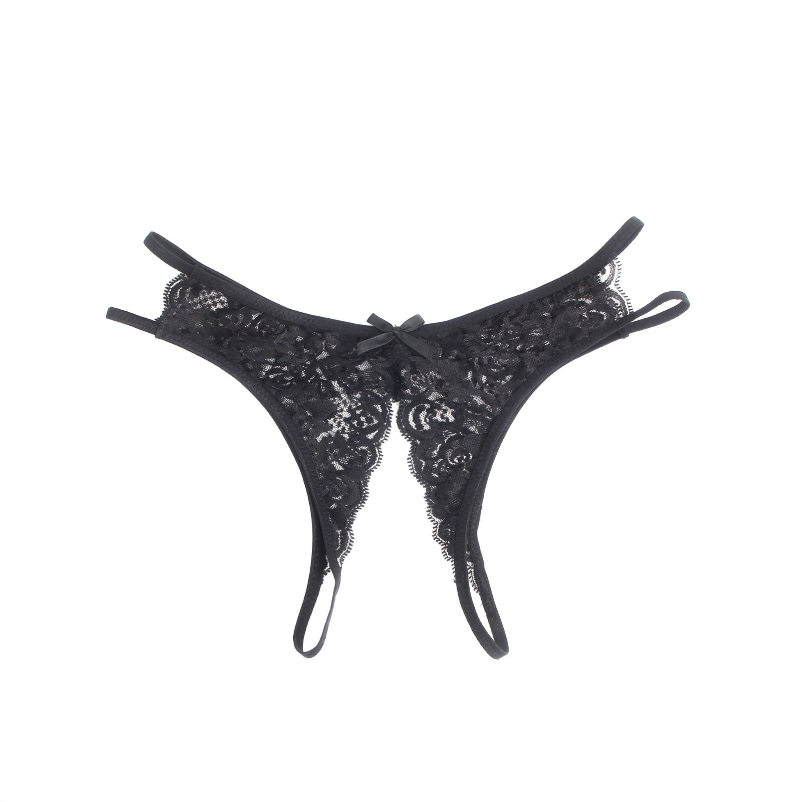 WOW BABE Black Floral Lace Bow Detail Open Crotch French Knickers Panty Size 10