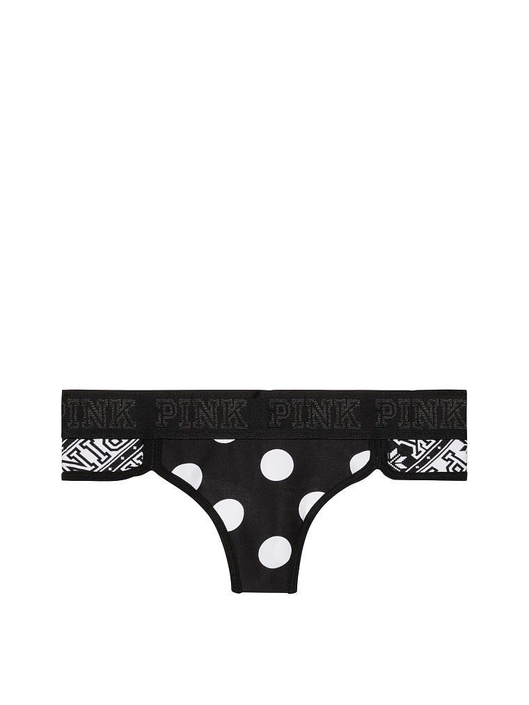 Victoria’s Secret PINK Logo Thong Panty Black White Polka Dot