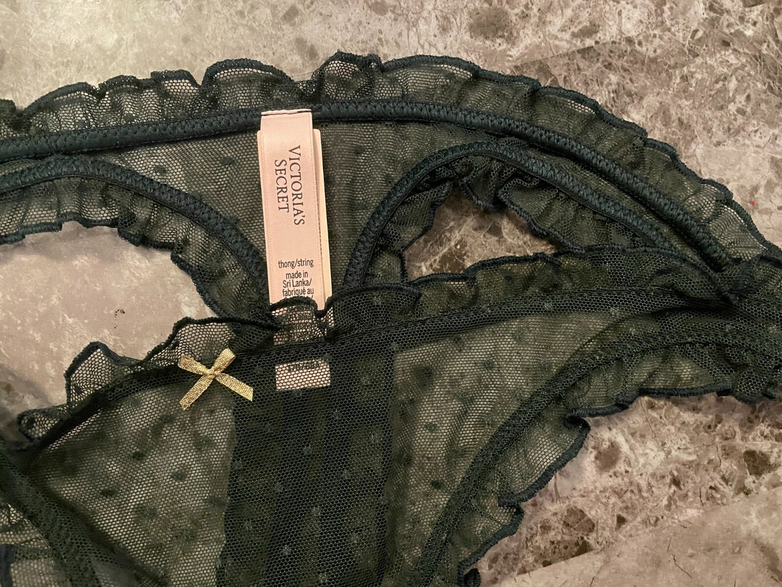 NWT VICTORIA’S SECRET GREEN POLKA DOTTED MESH RUFFLE GOLD BOW THONG PANTIES