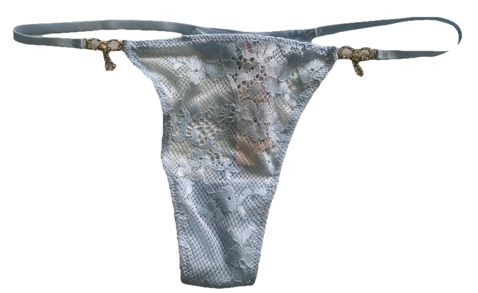 Victorias Secret Light BLue Twinkle Bow Lace Thong Panty Size M-XL Mesh Sparkle