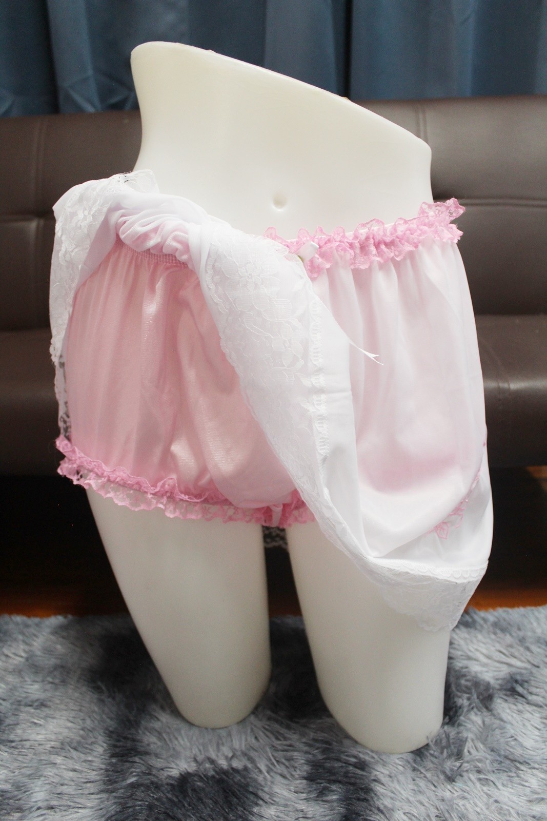 #A100 2XL/ElasticW.24-44″ 2in1 Pink Nylon Full Brief + White Half Slip 15″