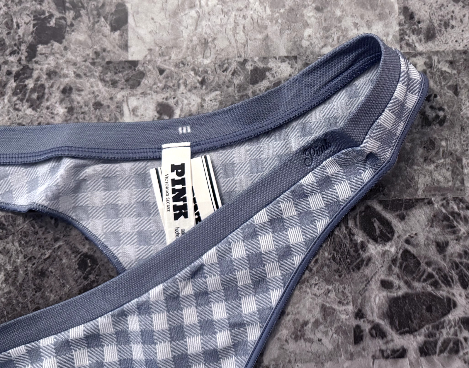NWT VICTORIA’S SECRET PINK BLUE GINGHAM PLAID SEAMLESS HIGH LEG THONG PANTIES
