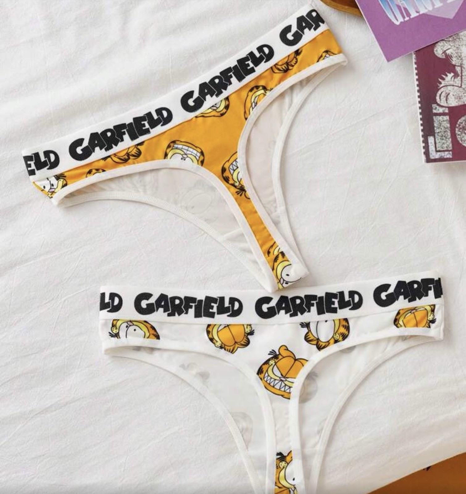 Women’s Teens Cartoon Garfield Kawaii Thong Panties White Orange 2pk Small