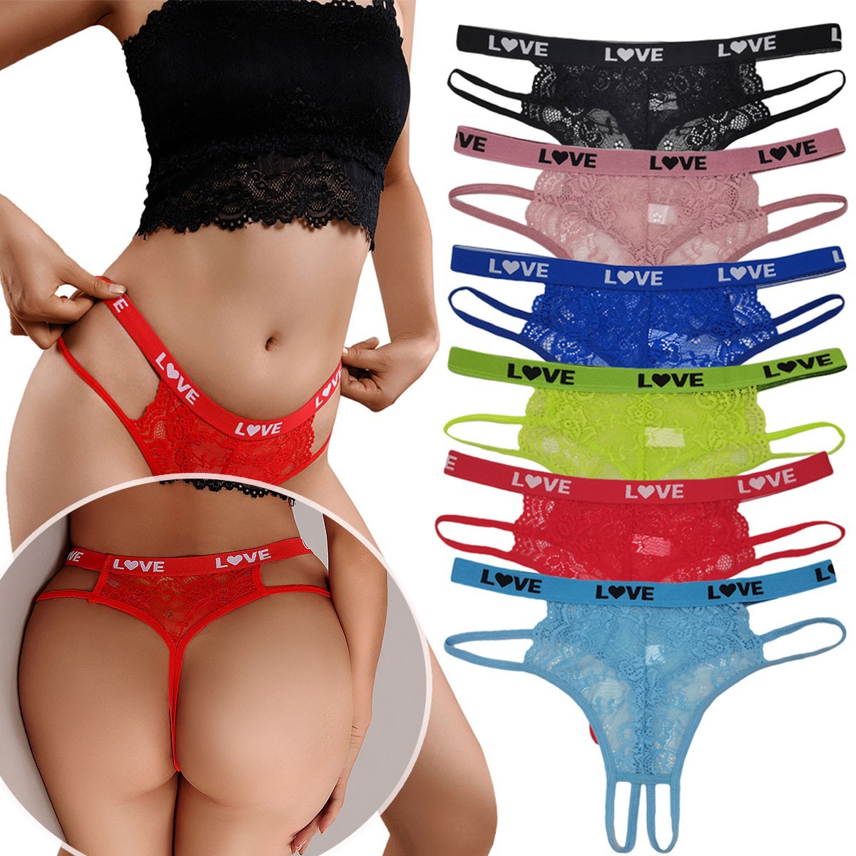 6 Pack M L XL Women Lace Thong Panties Love Strap Sexy Sheer G-String Underwear