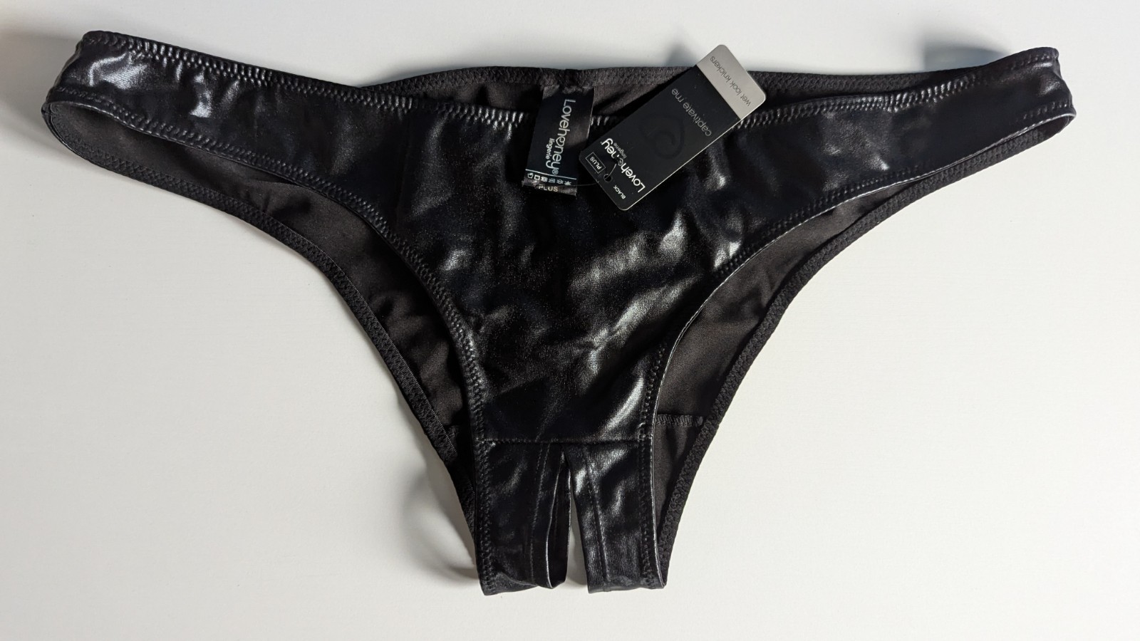 NWT Lovehoney Crotchless Panties Women’s Leather Looking Satin Second Skin PLUS