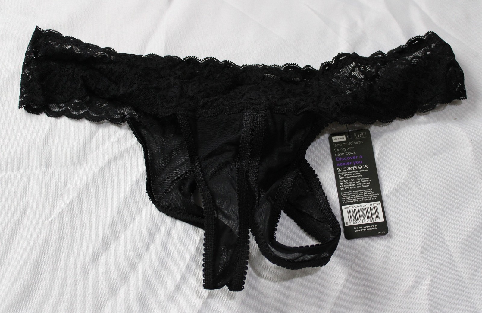 Lovehoney Women’s Crotchless Lace Thong with Satin Bows ZG3 Black Size L/XL NWT