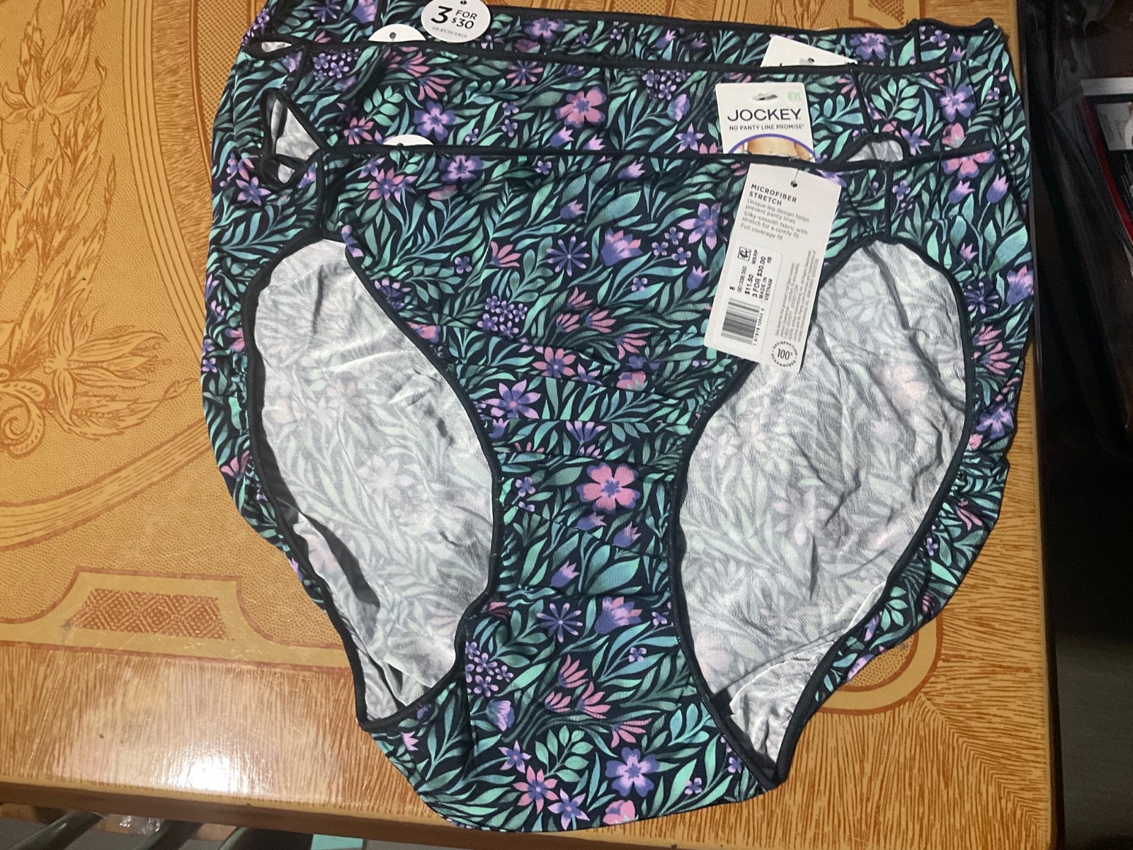 Jockey No Panty Line Promise Navy/Teal Floral Hi-Cut Panties- Set of 3-Sz 8-NWT