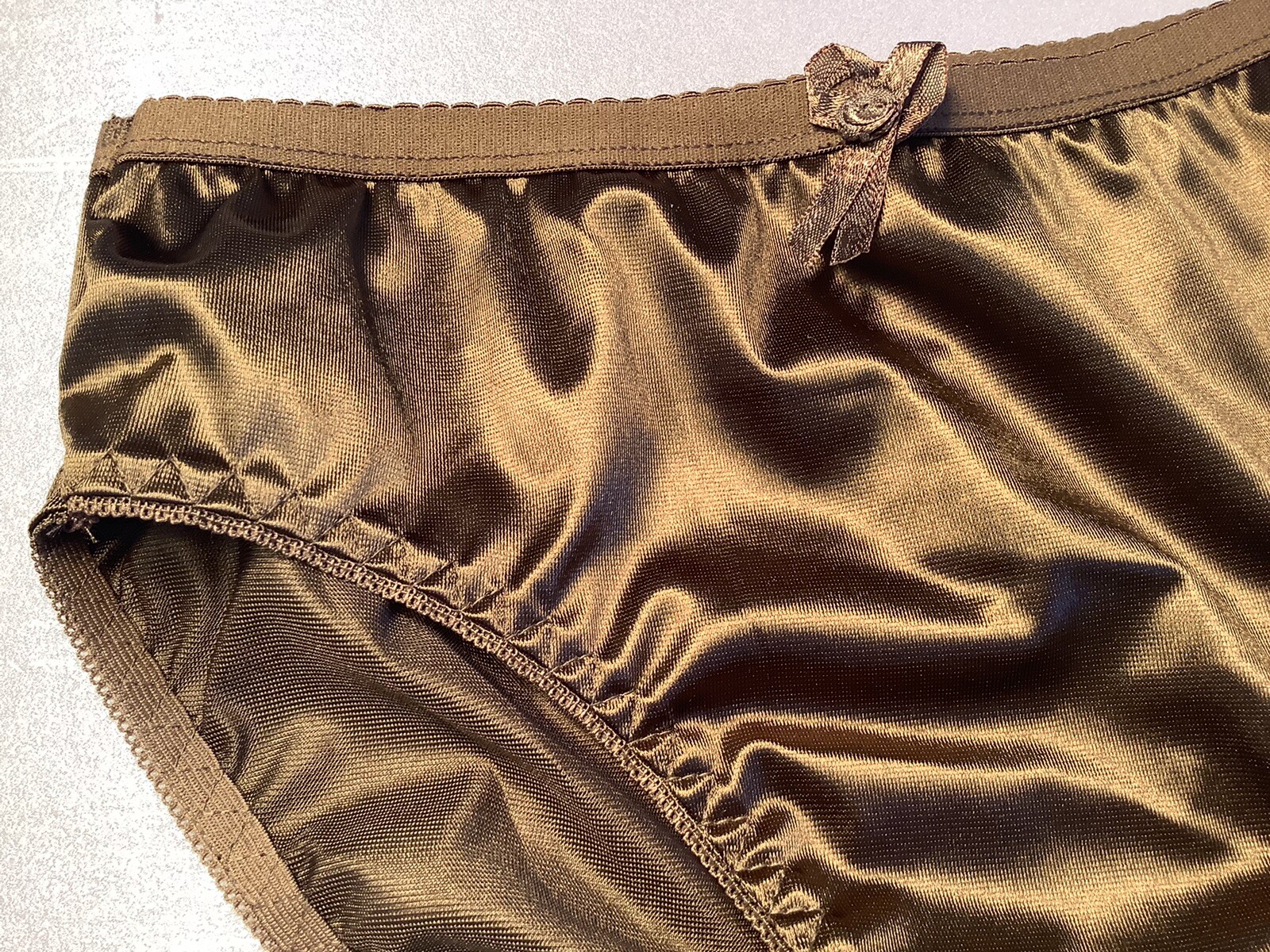 Women Panties Bikinis ANN DIANE Size XL. Brown Shiny Satin Soft W/decoration