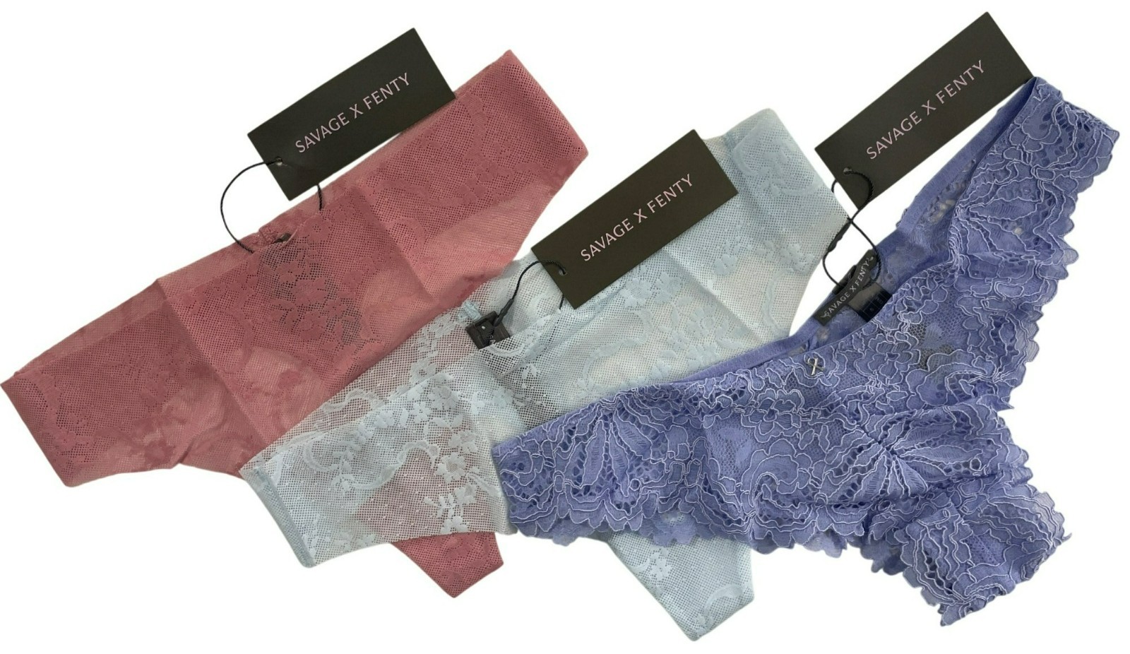 Savage X Fenty Panties 3-PACK Lace Brazilian Thong Set Purple Blue Pink Sz M NEW