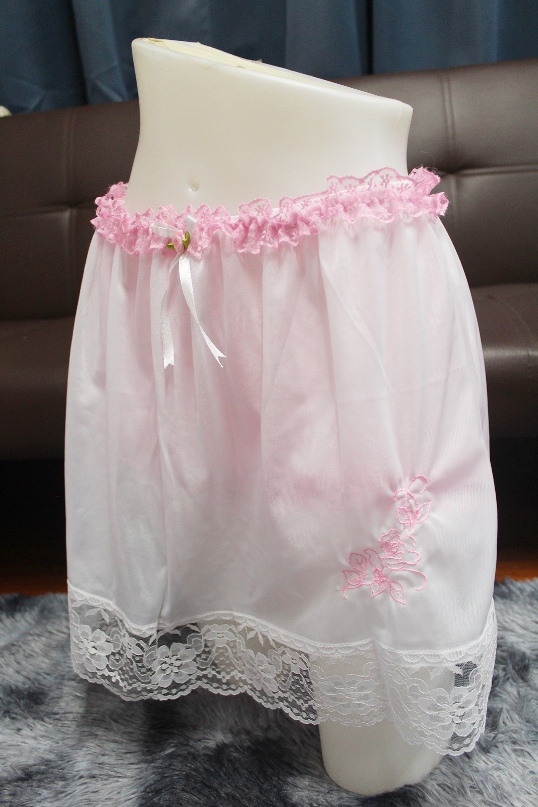 #A100 2XL/ElasticW.24-44″ 2in1 Pink Nylon Full Brief + White Half Slip 15″