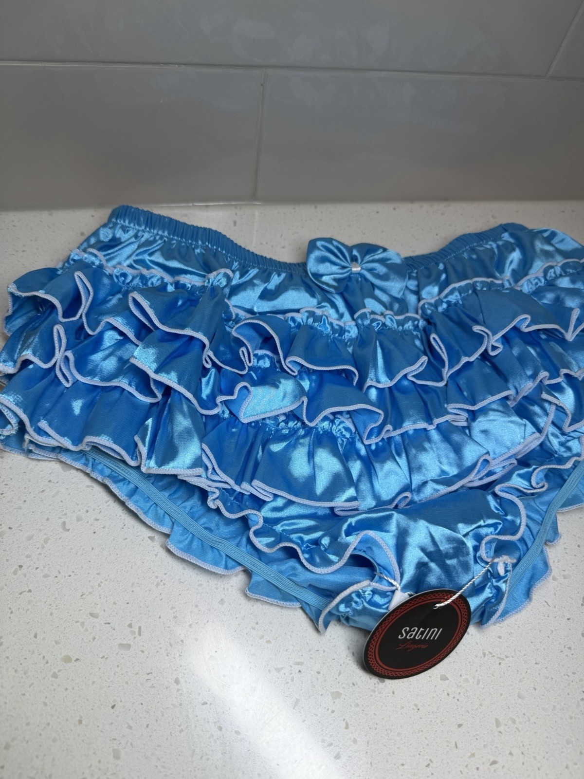 Satini Frilly Sissy Ruffled French Knickers Lingerie Satin Teal Panties Medium