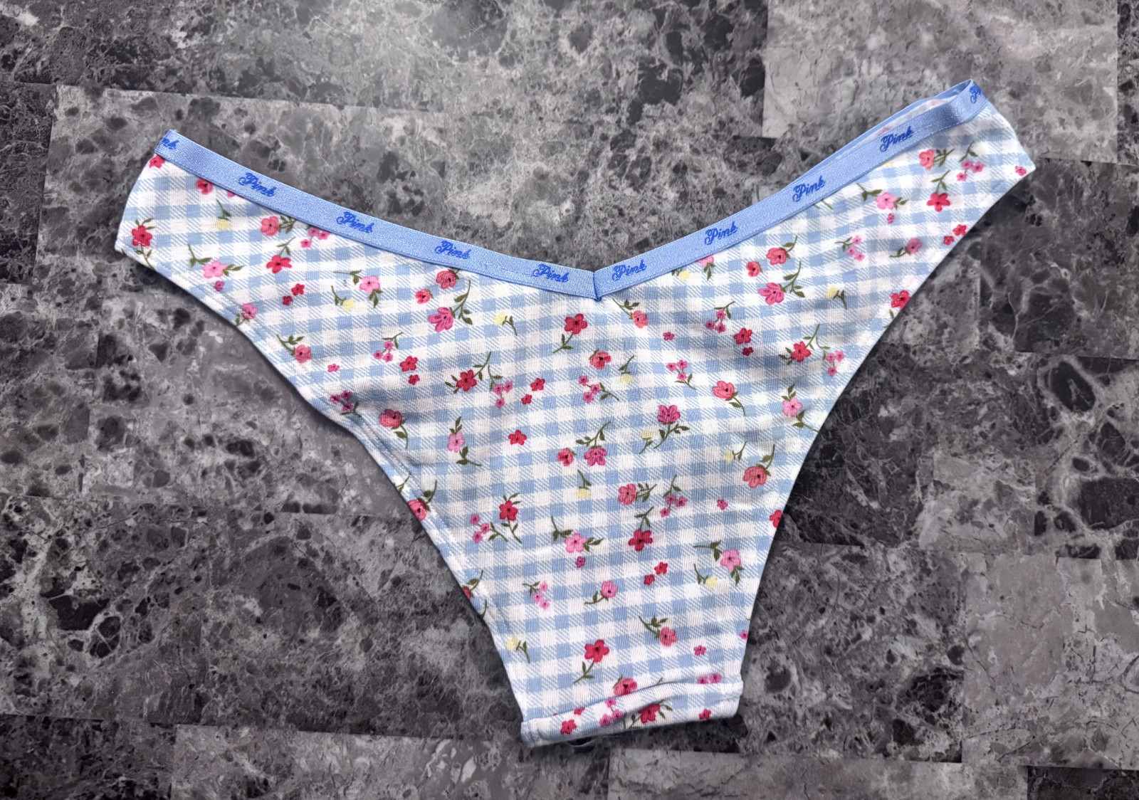 NWT VICTORIA’S SECRET PINK GINGHAM PLAID FLORAL V STYLE TANGA CHEEKY PANTIES