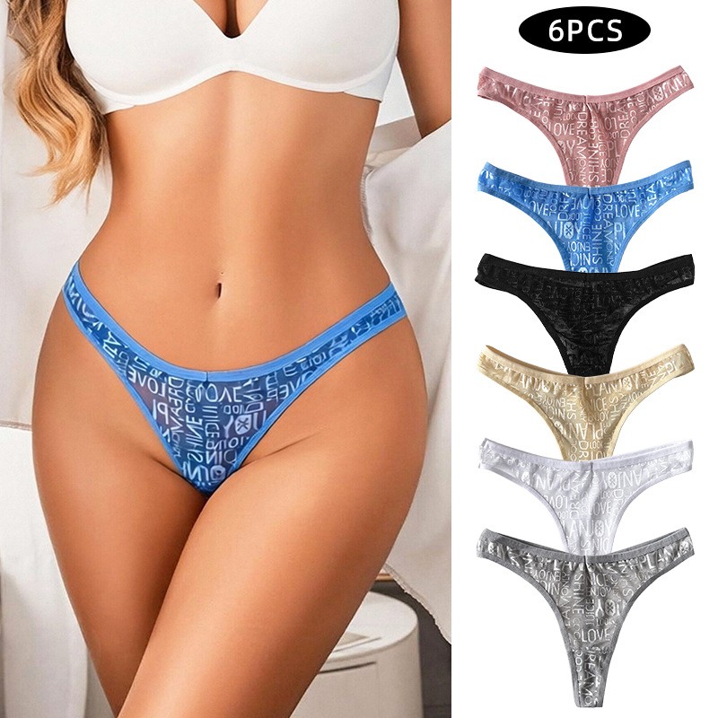 6 Pack Lot Sexy Womens Letter Print Thongs Panties Underwear Lingeries Briefs
