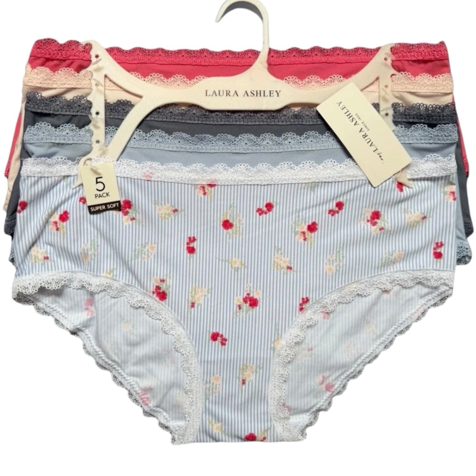Laura Ashley Soft Scalloped Lace Stretchy Hiphugger Panty XL Blue Floral 5pc