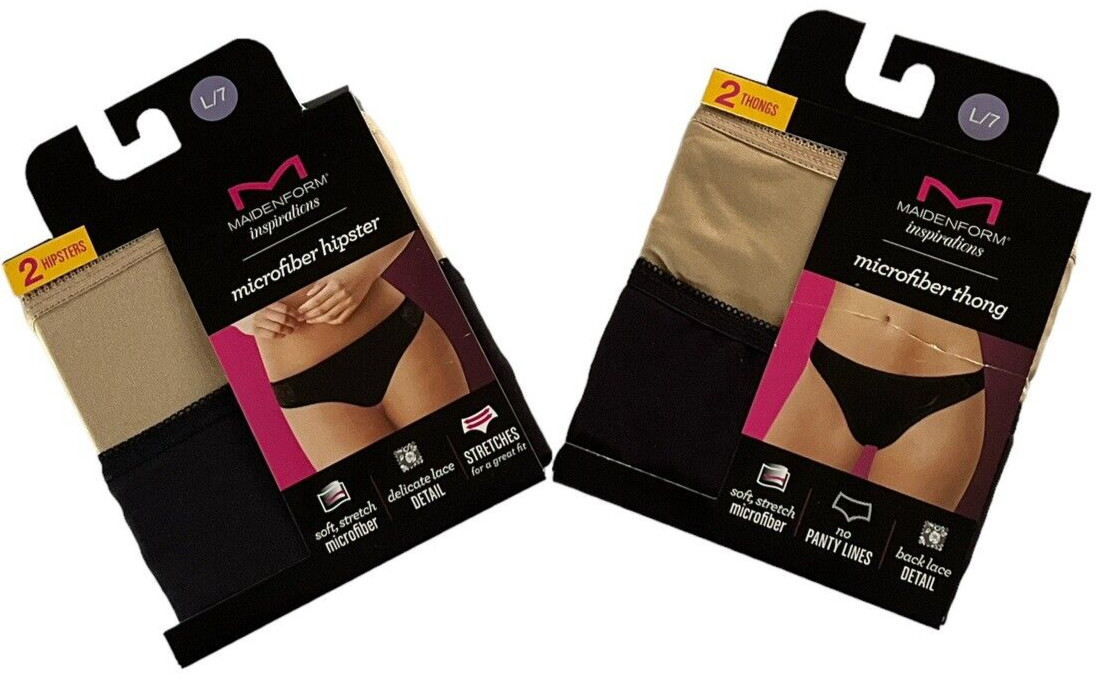 Maidenform 2 Thongs 2 Hipsters Women Large 7 Microfiber Soft Stretch Lace Detail