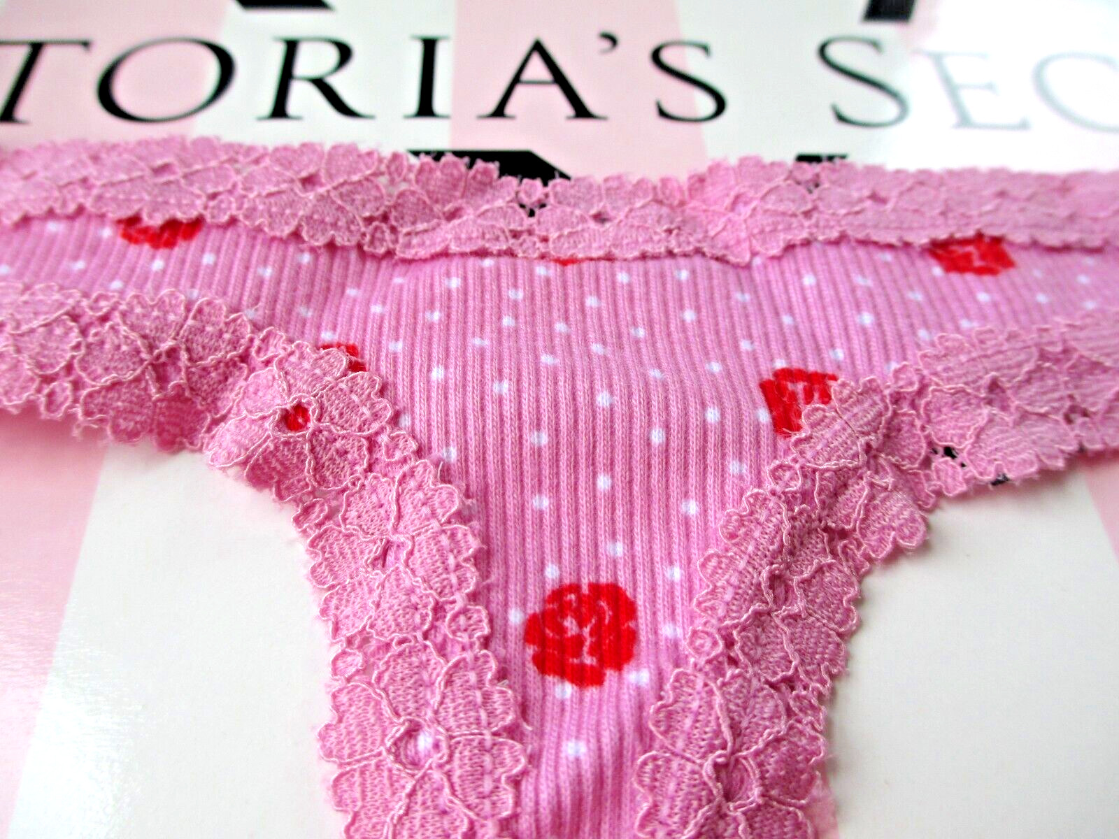 VICTORIA’S SECRET PINK Cotton Thong Panty XL Pink NWT Strappy VS Red Rose Floral