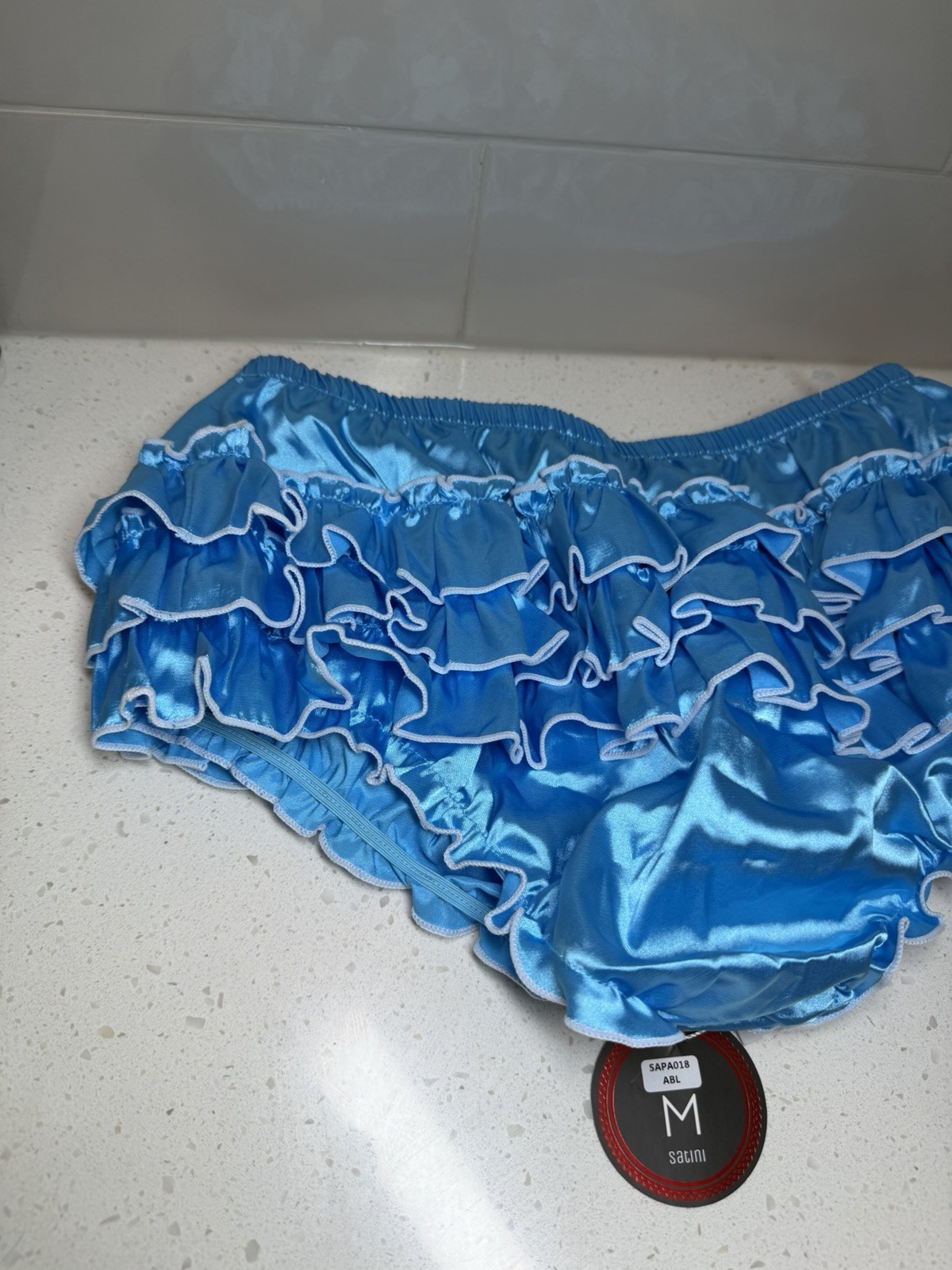 Satini Frilly Sissy Ruffled French Knickers Lingerie Satin Teal Panties Medium