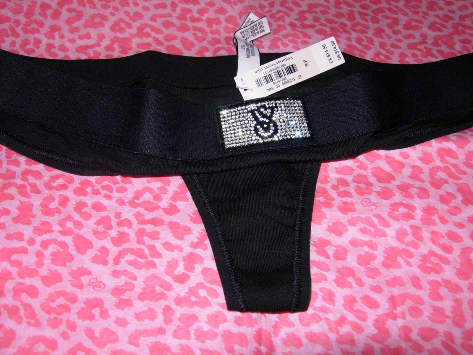 Victoria’s Secret Sexy Shine Patch Band Thong Blk Pantie Elegant Bling Logo NWT
