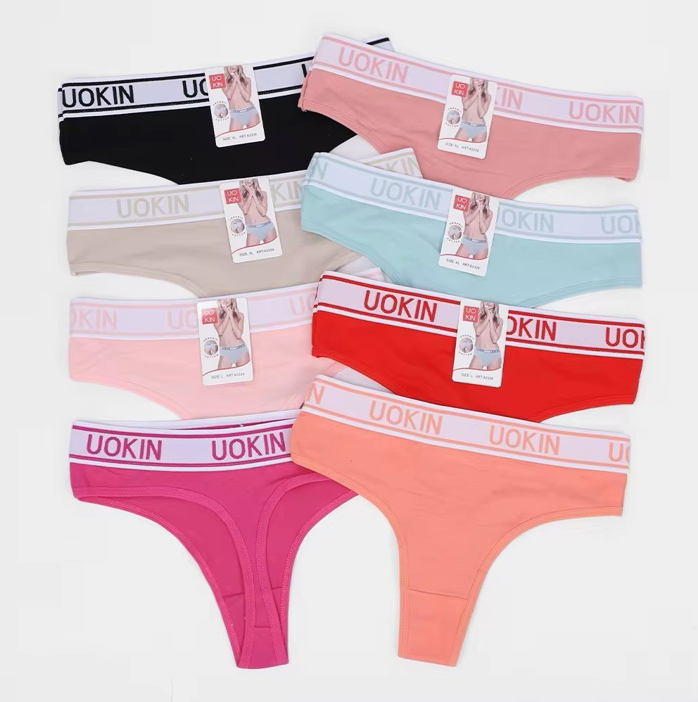 UOKIN Women’s Solid Logo Waistband Thong/String Panties Multicolor Size S