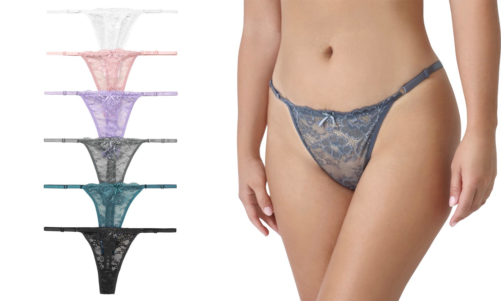 Nabtos Sexy Floral Lace Women Thongs Adjustable G String Colorful Panties Pack 6
