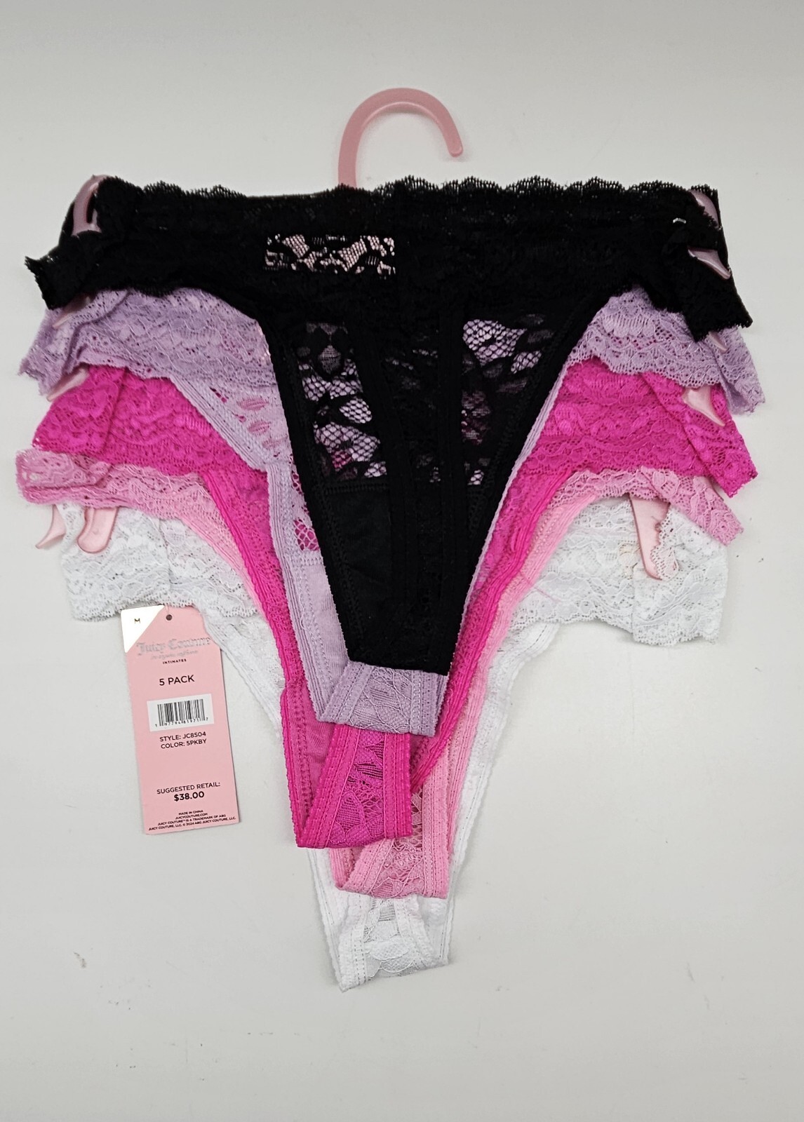 JUICY COUTURE Women’s S M L 5Pk Lace Logo Thong Panties Black Pink Purple White